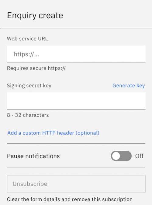 Web hook subscription details form